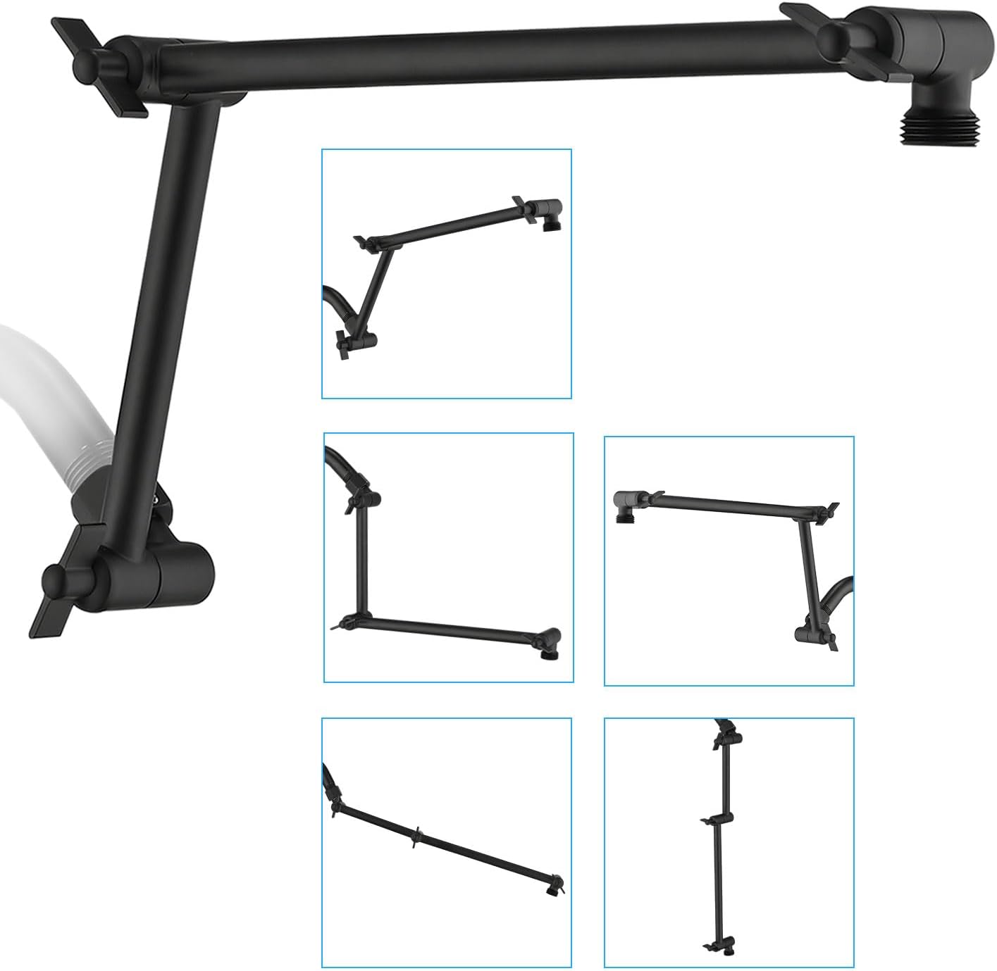 PDPBath 16 Inch Brass Shower Head Extension Arm with Lock Joints Matte Black