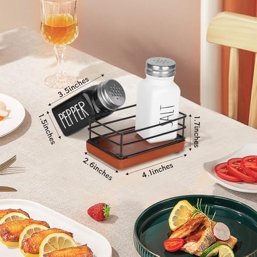 Cute Farmhouse Salt Pepper Shakers Set with Wooden Holder
