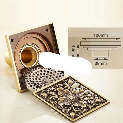 FYPERTY Shower Floor Drain 100mm100mm Antique Brass Carved Flower