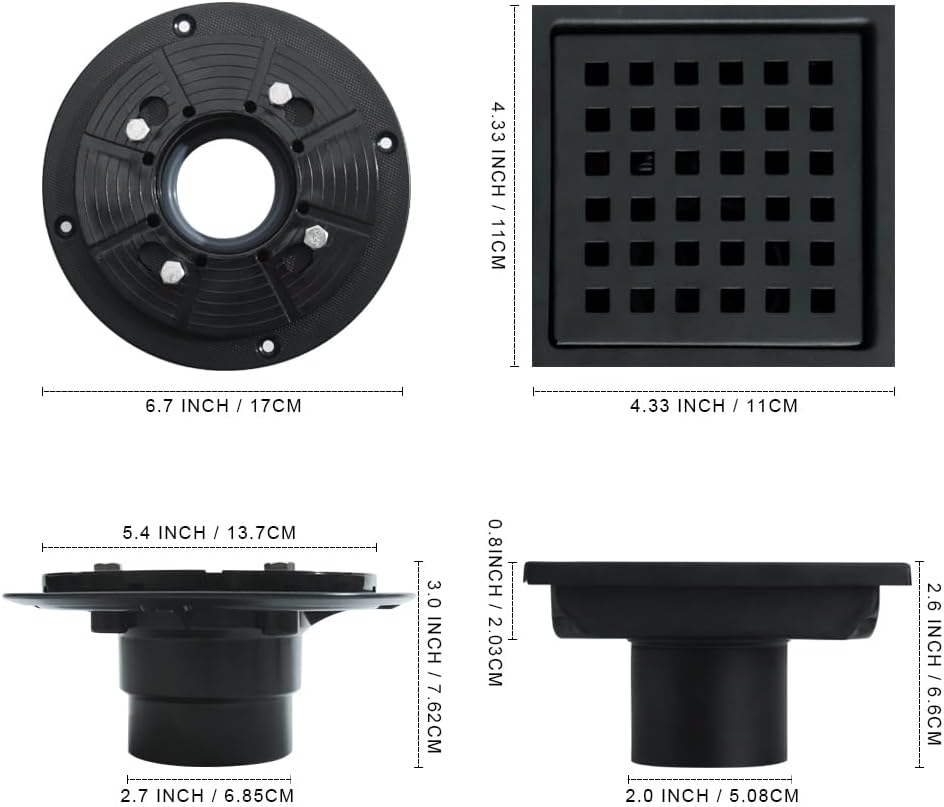 4 Inch Square Drain with Flange and Removable Cover