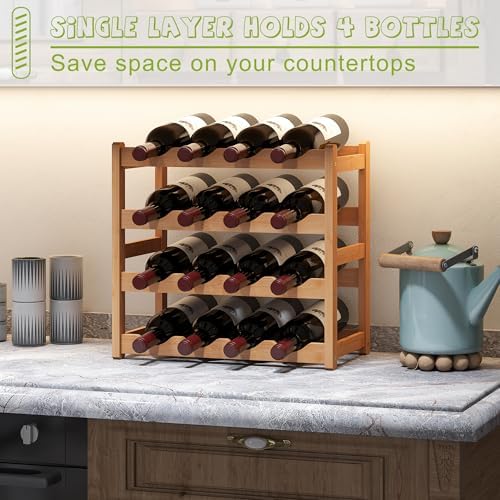 BMOSU Bamboo Wine Rack 4 Tiers 16 Bottle Storage