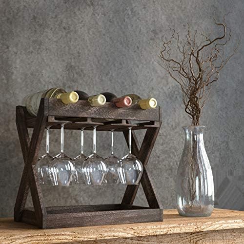 Rustic State Solid Wood Wine Rack for 4 Bottles and 6 Glasses