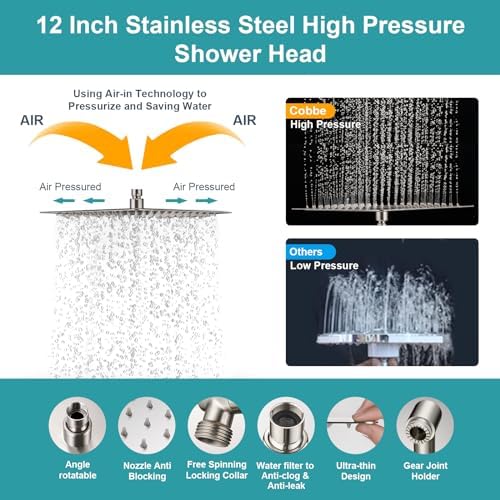 Cobbe 12 Inch All Metal 3-Way Rain Shower Head Combo