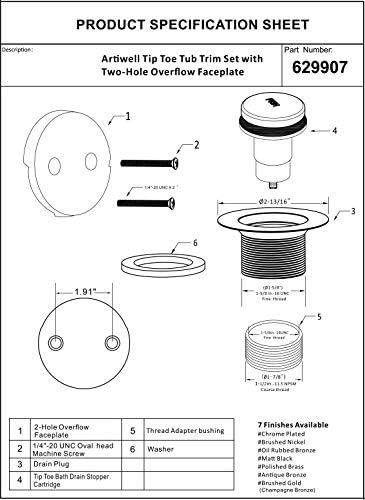 Artiwell Tip-Toe Tub Trim Set with 2-Hole Overflow Faceplate