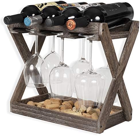 Rustic State Solid Wood Wine Rack for 4 Bottles and 6 Glasses