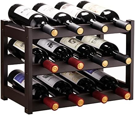 VASMIA Bamboo Wine Rack 3-Tier 12 Bottles Storage Cabinet Shelf Brown