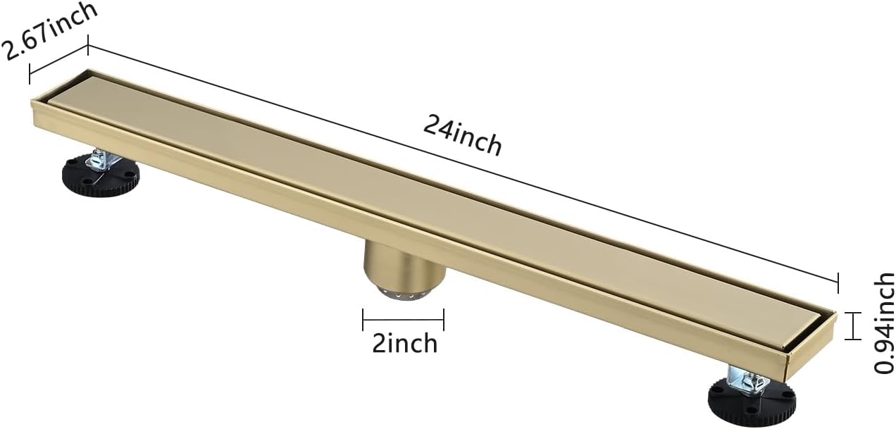 24 Inches Linear Shower Drain with Brushed Gold Hair Strainer