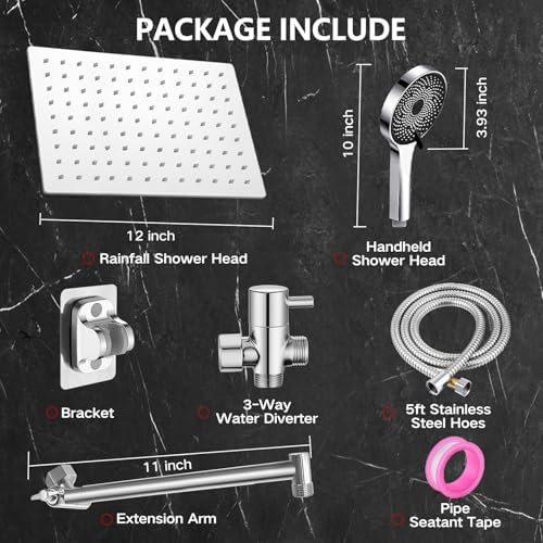 Ashwanth 12 High Pressure Square Shower Combo with 3-Way Diverter 6ft Hose
