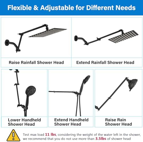 PDPBath 16 Inch Brass Shower Head Extension Arm with Lock Joints Matte Black