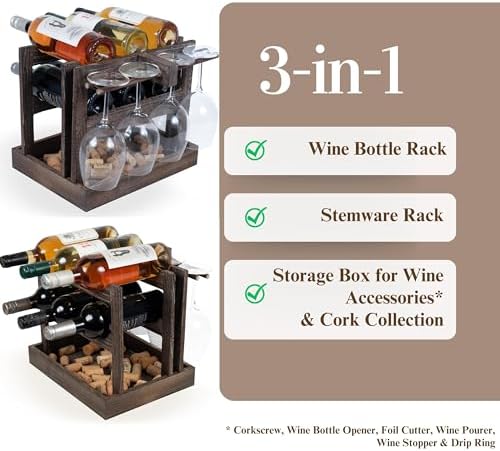 Rustic State Burnt Brown Wood Wine Rack for 6 Bottles 4 Glasses