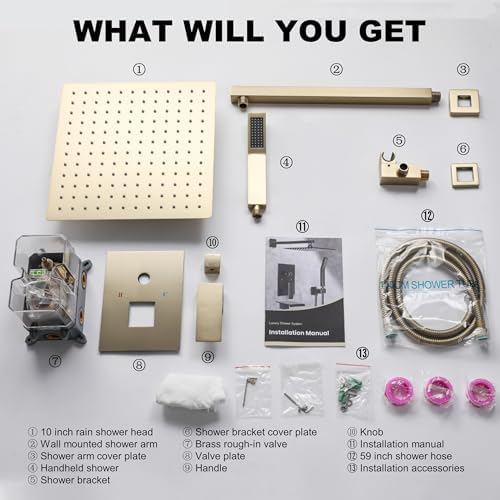 10 Inch Brushed Gold Rain Shower Set with High Pressure Handheld