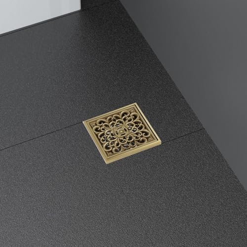 Wealrit 4 Inch Square Shower Drain with Flower Carving and Removable Cover