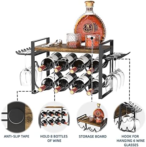 JAFUSI Wine Rack 8 Bottles Storage Shelf Stand with Glasses Hooks