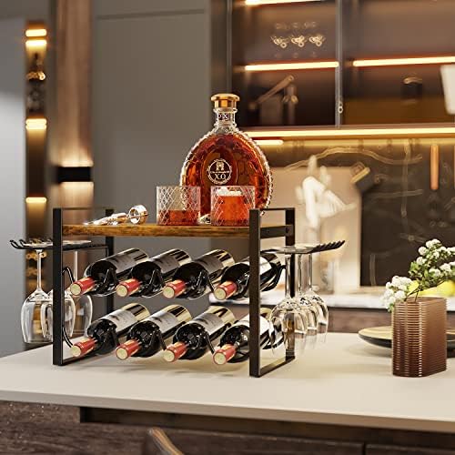 JAFUSI Wine Rack 8 Bottles Storage Shelf Stand with Glasses Hooks