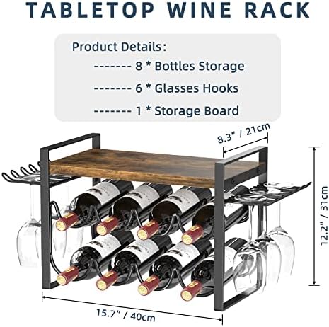 JAFUSI Wine Rack 8 Bottles Storage Shelf Stand with Glasses Hooks