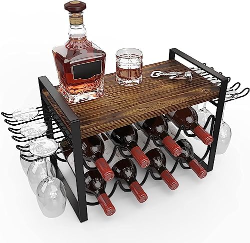 JAFUSI Wine Rack 8 Bottles Storage Shelf Stand with Glasses Hooks