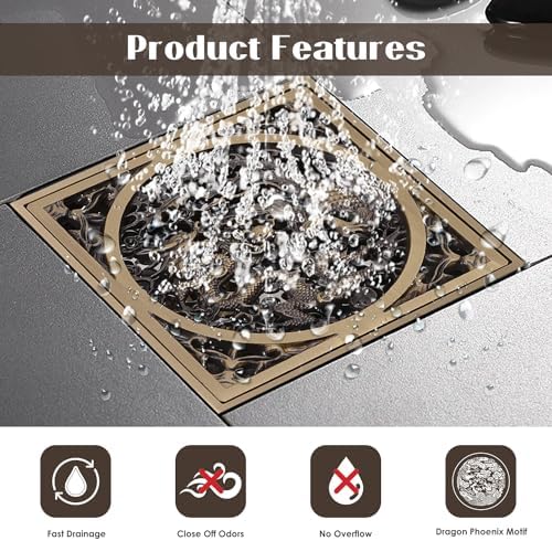 Stainless Steel Copper Square Floor Drain with Dragon Phoenix Design