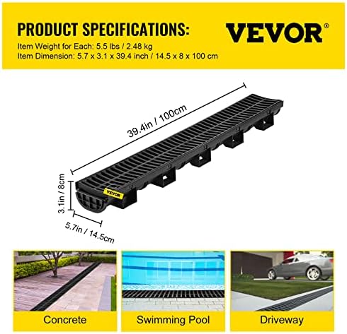 VEVOR Trench Drain System 57x31-Inch HDPE Black 5-Pack