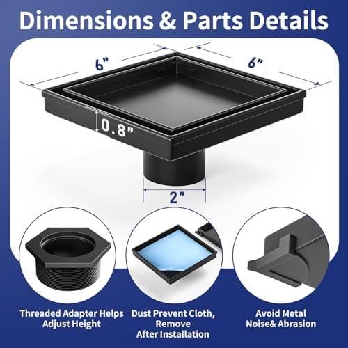 Bernkot Square Shower Drain 6 with 2 PVC Flange Base Matte Black