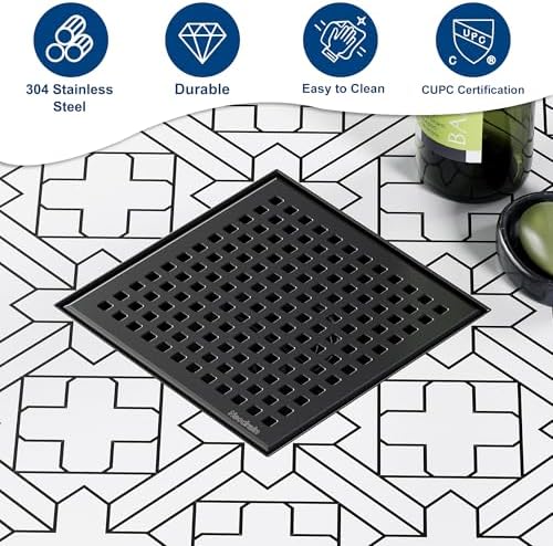 Neodrain 6 Inch Square Shower Drain with Matte Black Grate