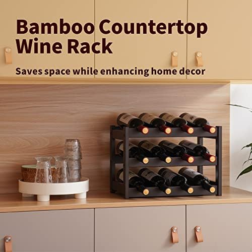 VASMIA Bamboo Wine Rack 3-Tier 12 Bottles Storage Cabinet Shelf Brown
