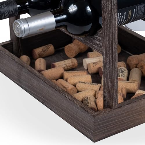 Rustic State Burnt Brown Wood Wine Rack for 6 Bottles 4 Glasses