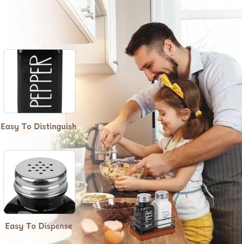 Cute Farmhouse Salt Pepper Shakers Set with Wooden Holder