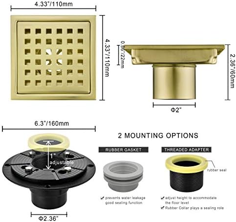 4 Inch Square Shower Drain with Brushed Gold Finish 1