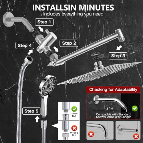 Ashwanth 12 High Pressure Square Shower Combo with 3-Way Diverter 6ft Hose