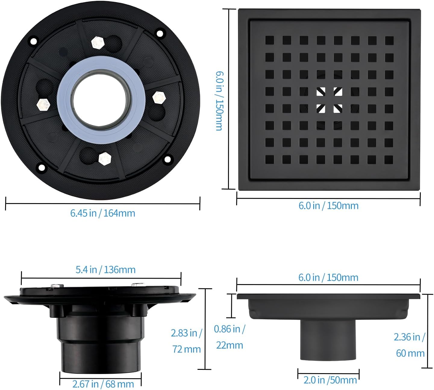 6 Inch Square Shower Drain with Hair Strainer and Flange