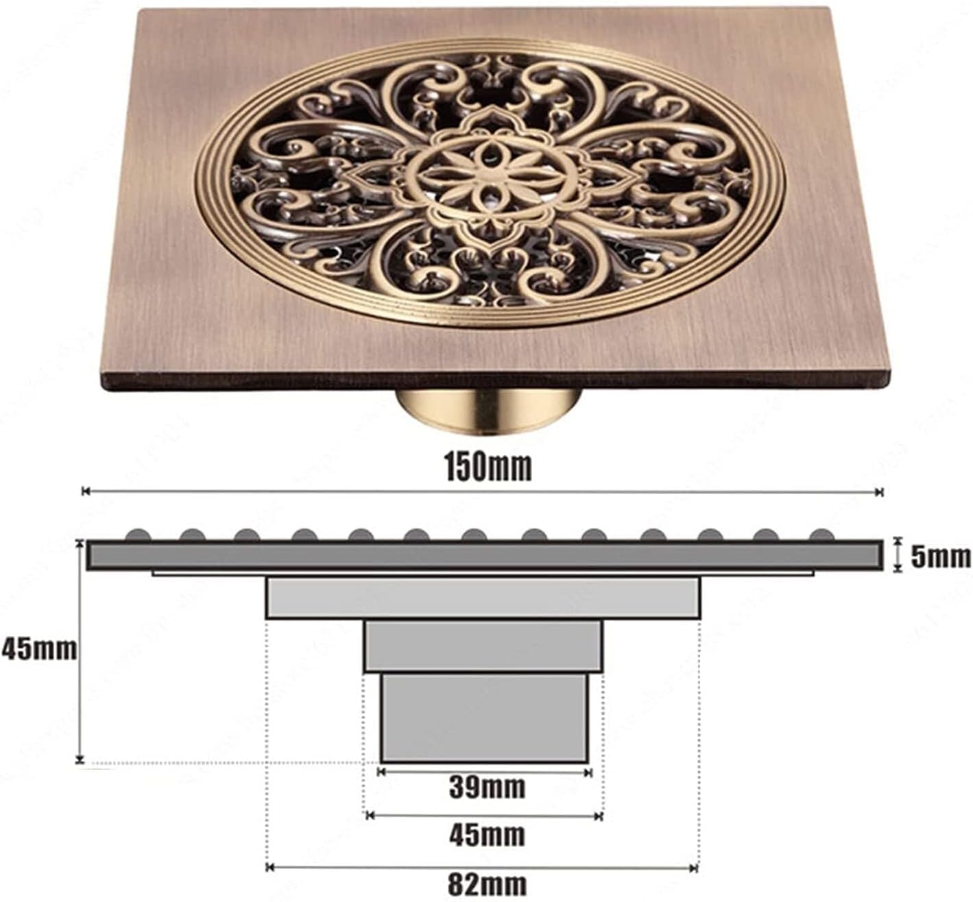 Antique Brass 6 Inch Floor Drain with Quadrato Pattern