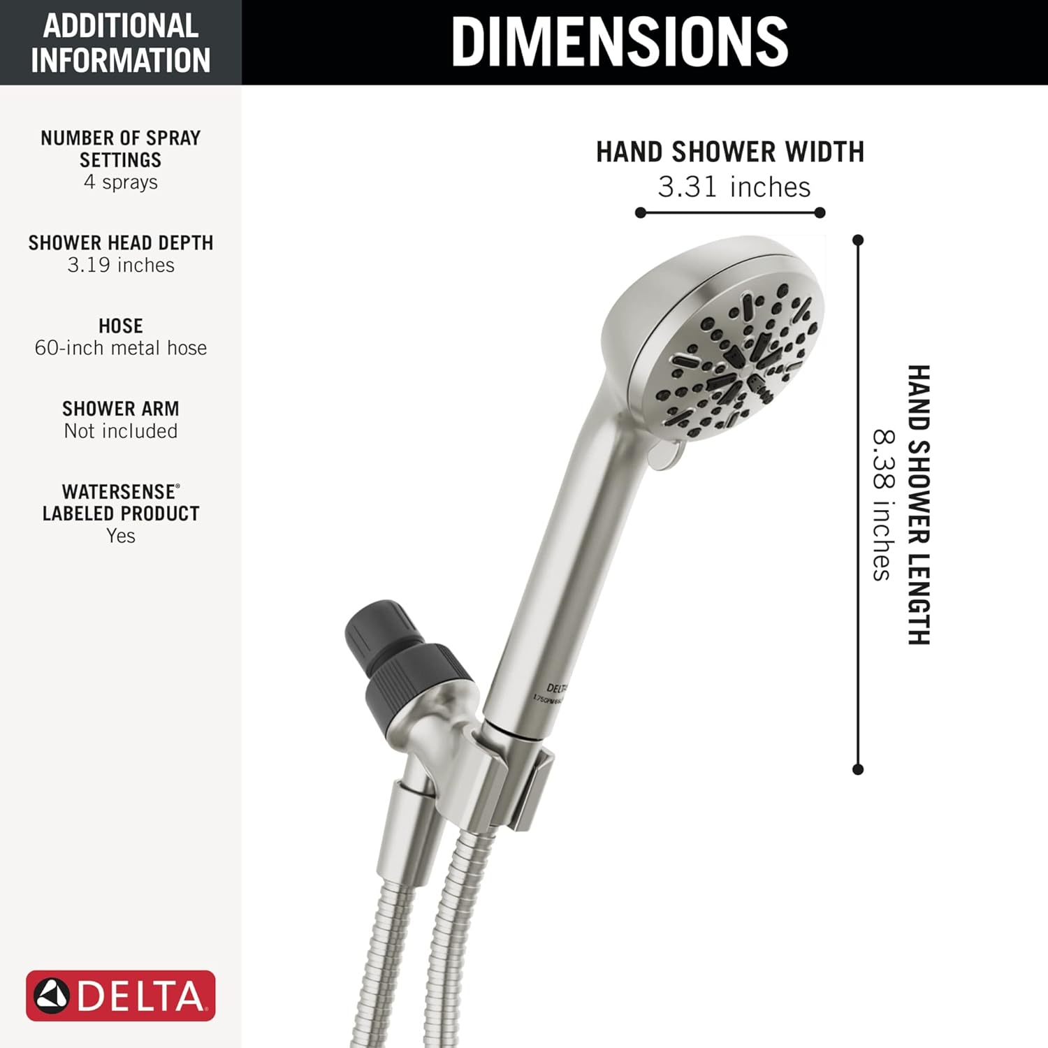 Delta 4-Spray Handheld Shower Head with Hose Brushed Nickel