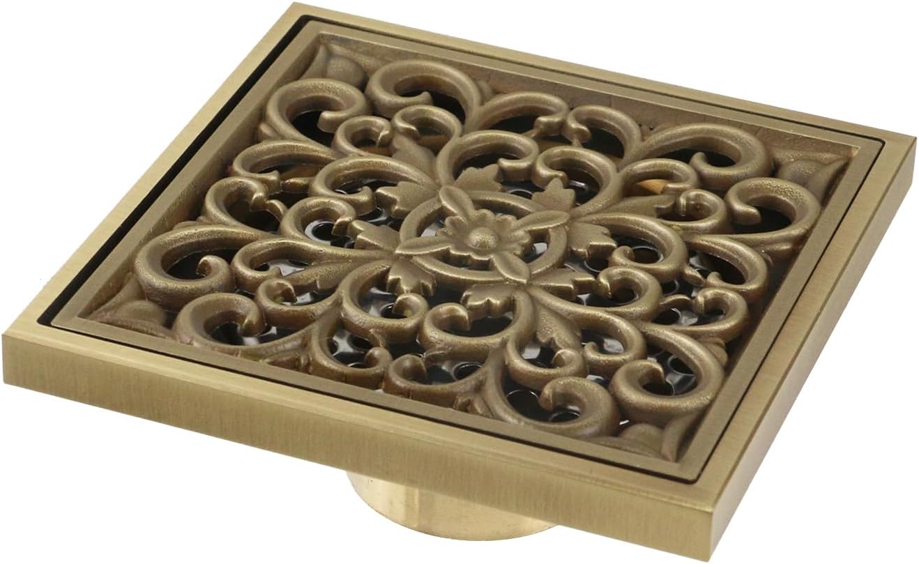 Wealrit 4 Inch Square Shower Drain with Flower Carving and Removable Cover