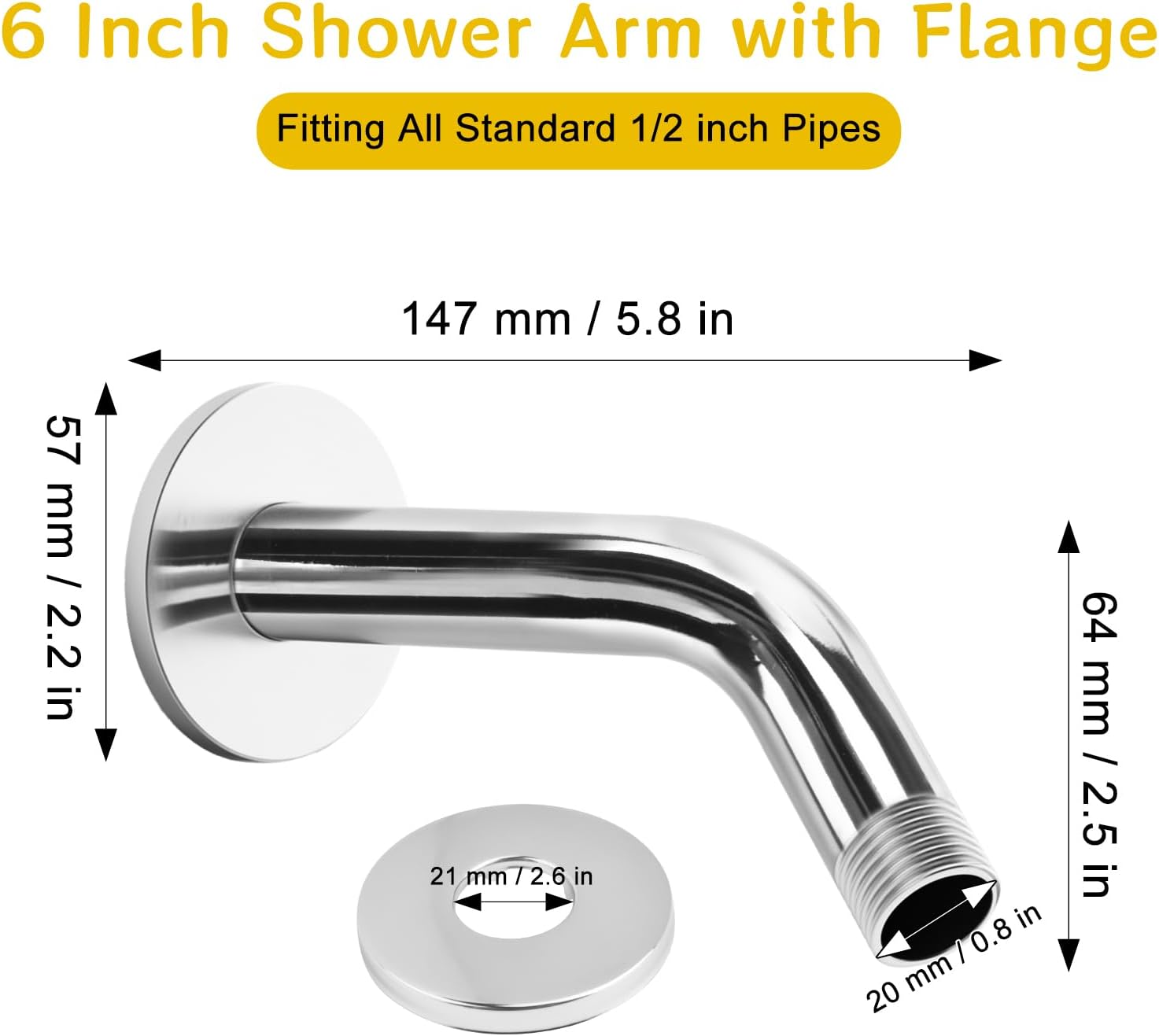 AccEncyc 6 Inch Stainless Steel Shower Arm Flange Mount