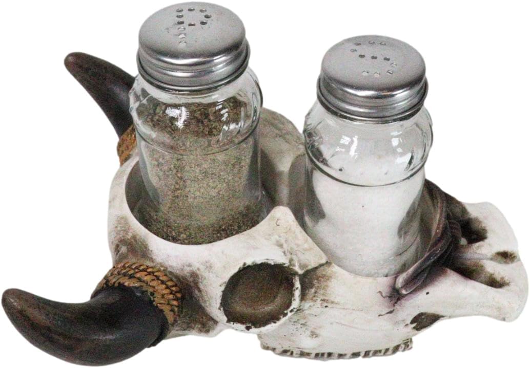 Ebros Gift Rustic Western Cow Skull Salt Pepper Shaker Set