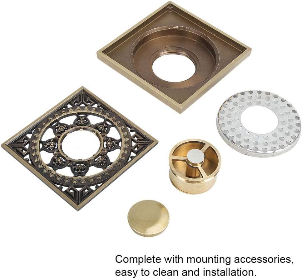 Yosoo Antique Brass Shower Floor Drain with Flower Carving