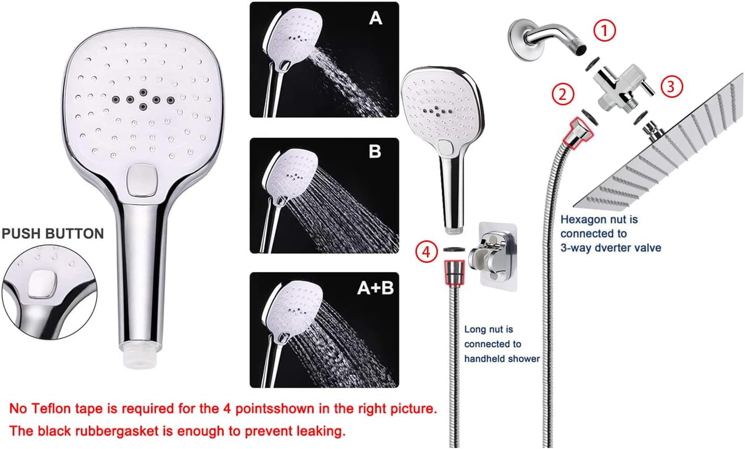 NearMoon Handheld Shower Head with 8 Inch Hose and 3 Settings