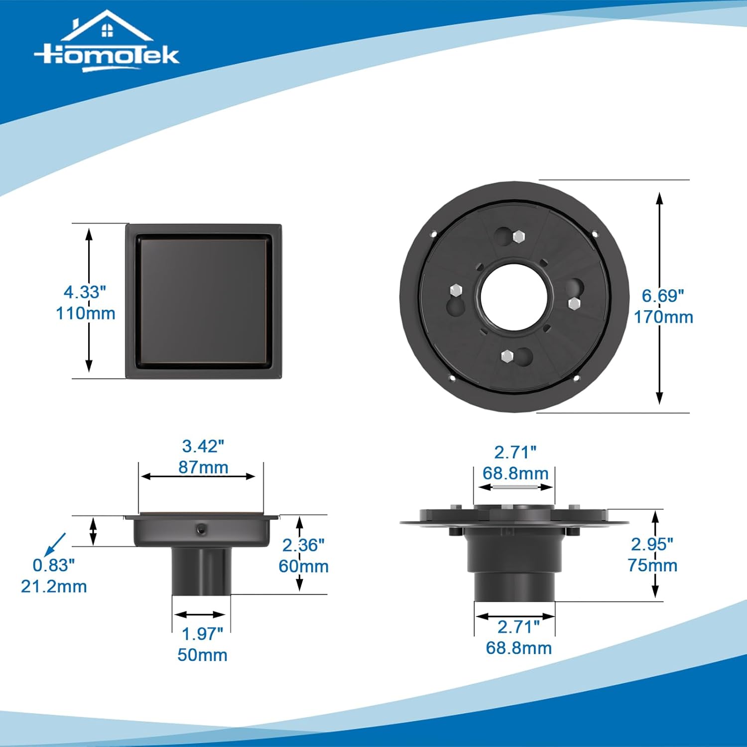 HOMOTEK 4 Inch Shower Drain with Oil Rubbed Bronze Finish
