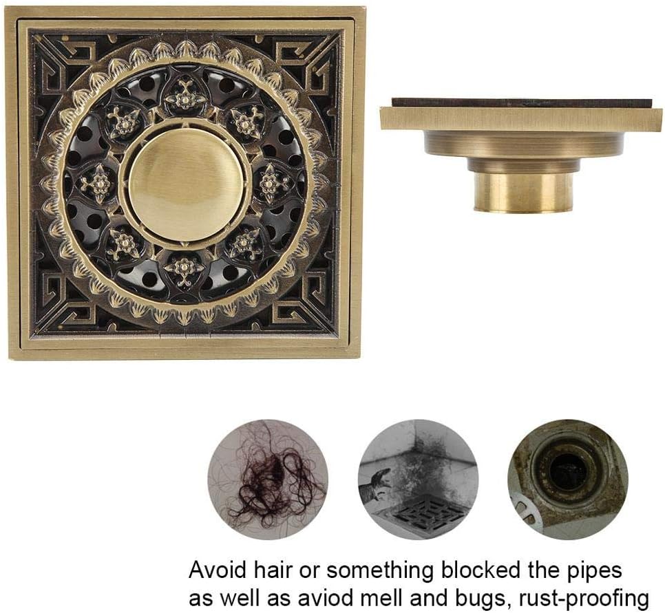 Yosoo Antique Brass Shower Floor Drain with Flower Carving
