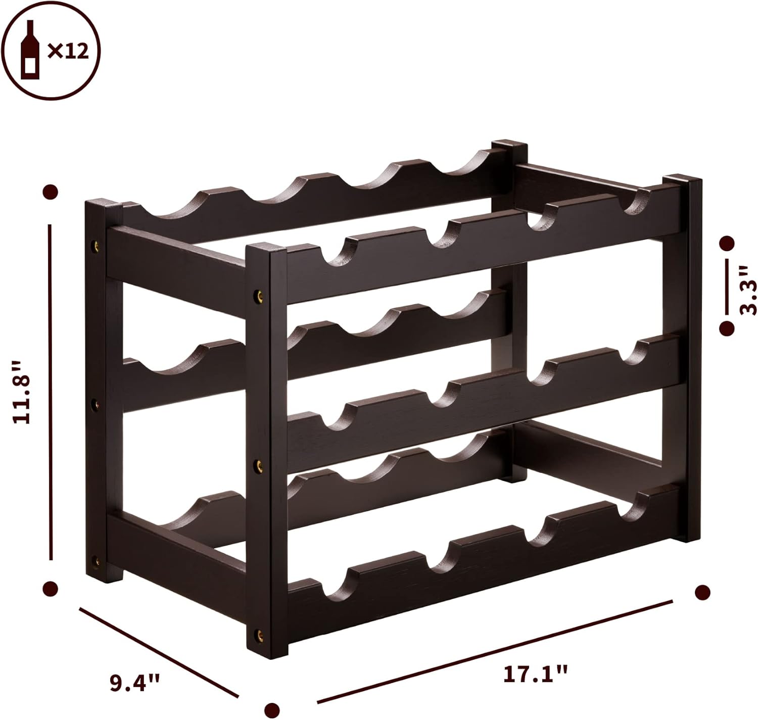 VASMIA Bamboo Wine Rack 3-Tier 12 Bottles Storage Cabinet Shelf Brown