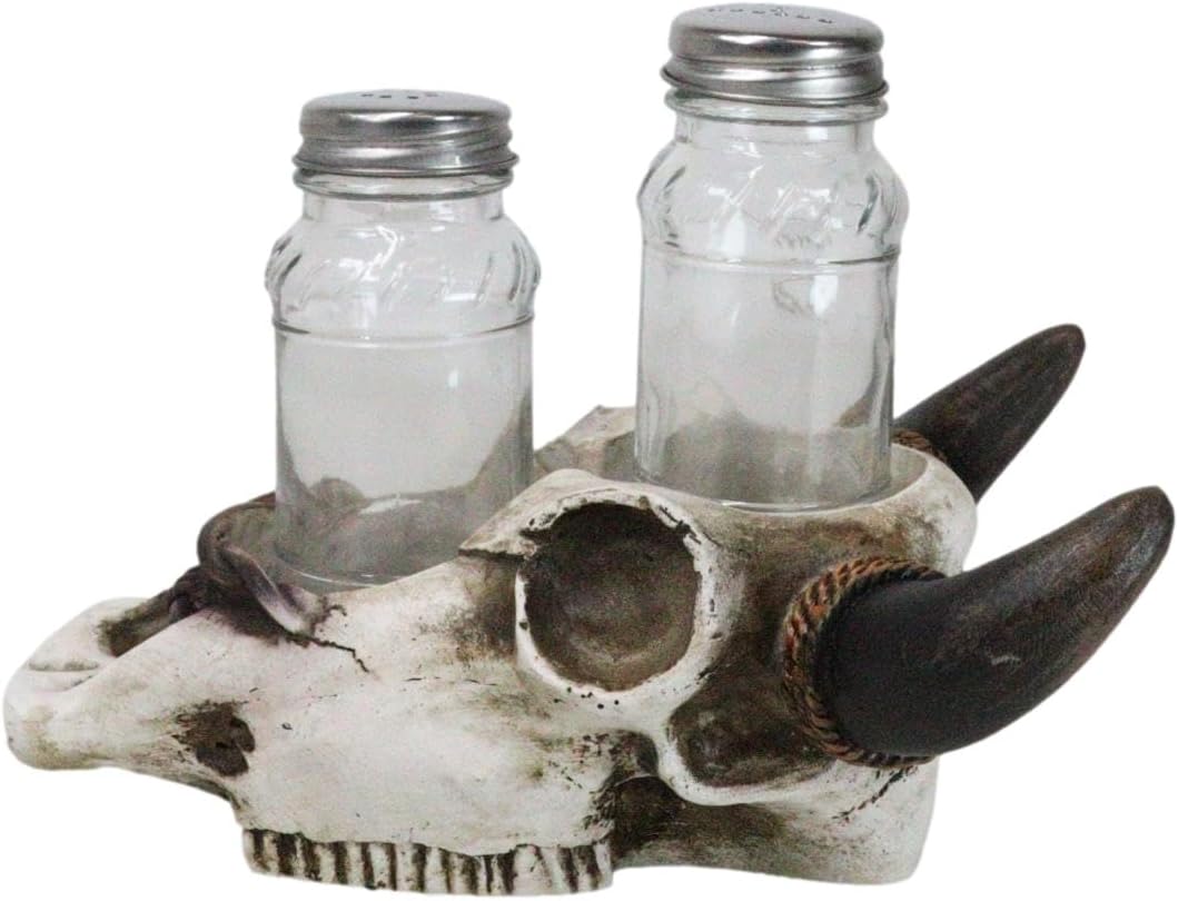 Ebros Gift Rustic Western Cow Skull Salt Pepper Shaker Set