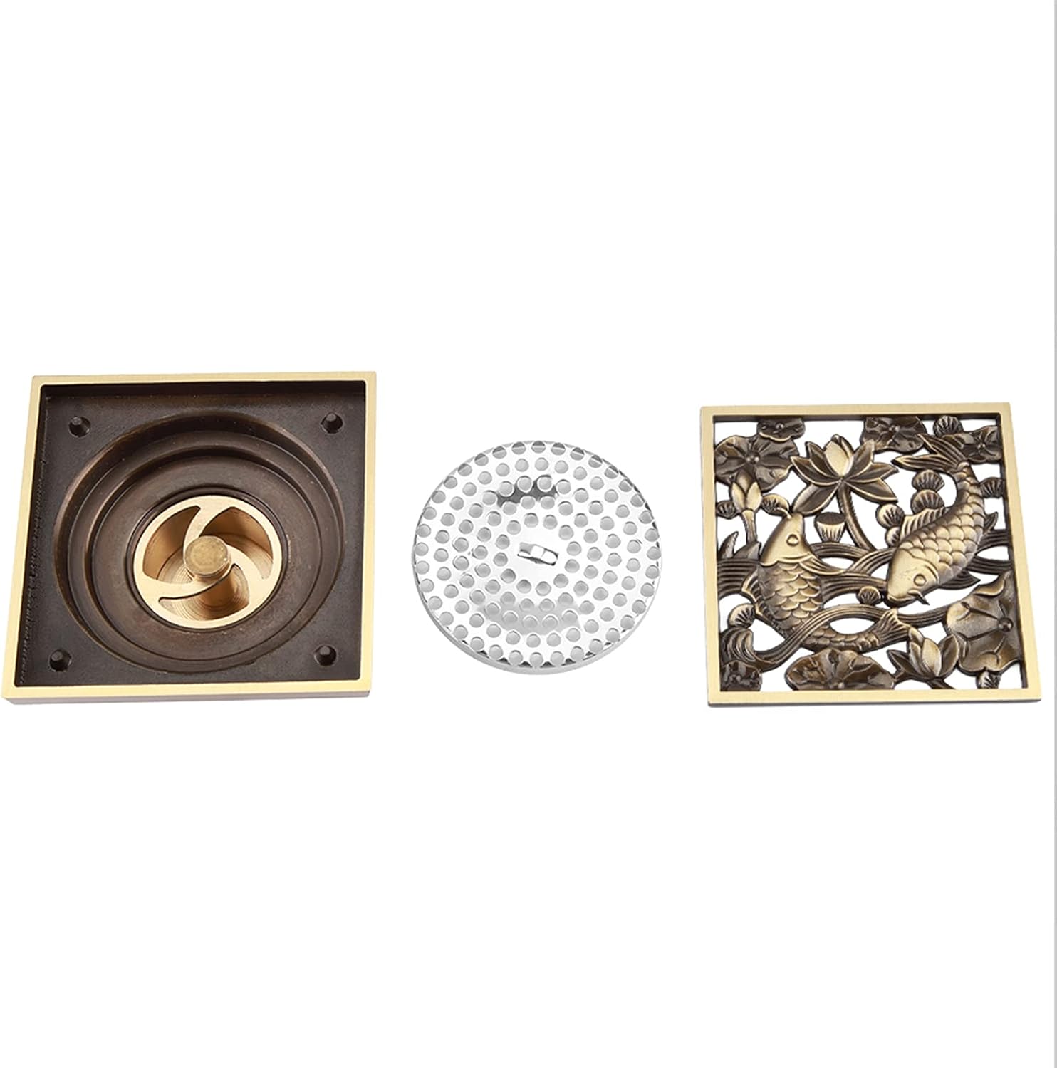 Fafeicy Antique Brass Drain with Removable Cover Grid 43x43x28in Tile Insert