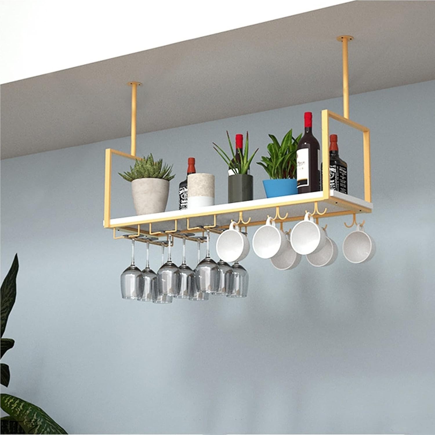 Ceiling Hanging Bar Unit Wine Glass Holder with Pot Rack