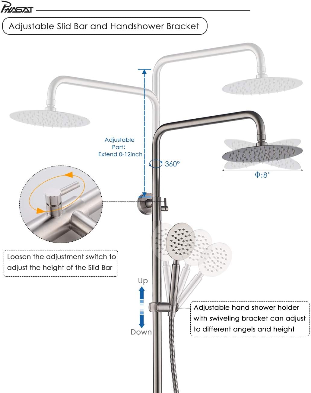 PHASAT 304 Stainless Steel 3 Function Shower Set