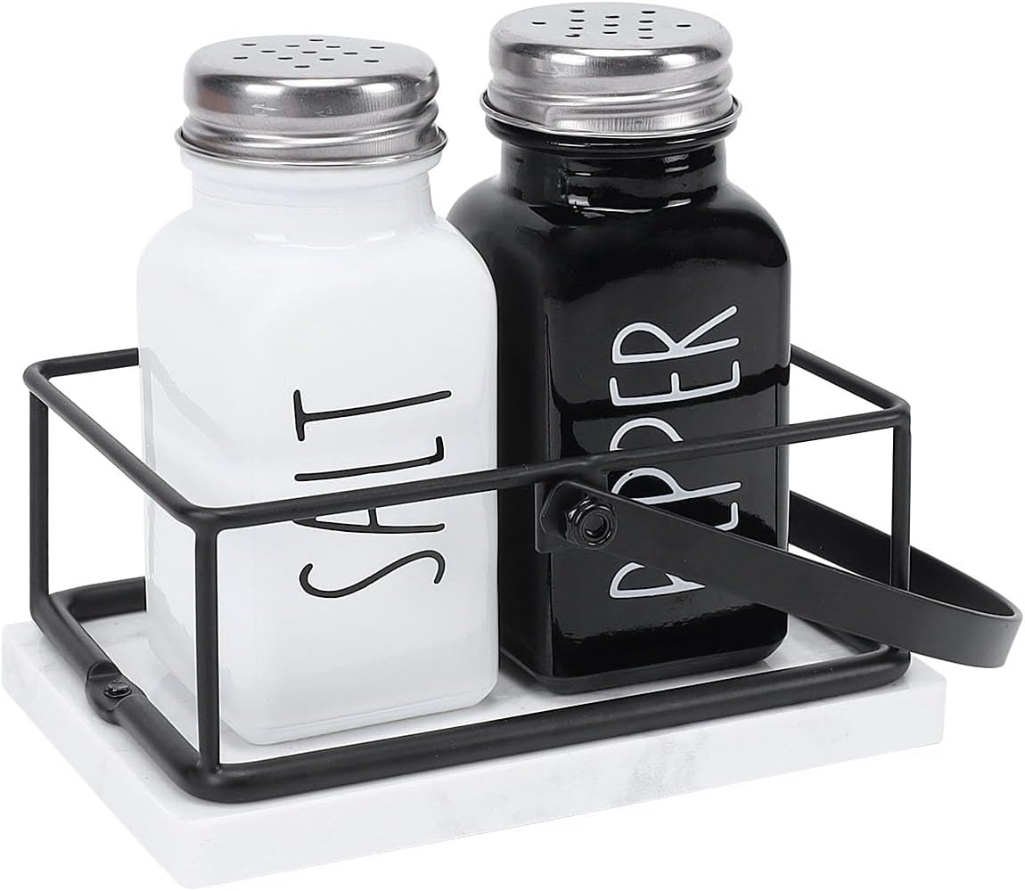 Livabber 2 Salt Pepper Shakers with Marble Holder Set
