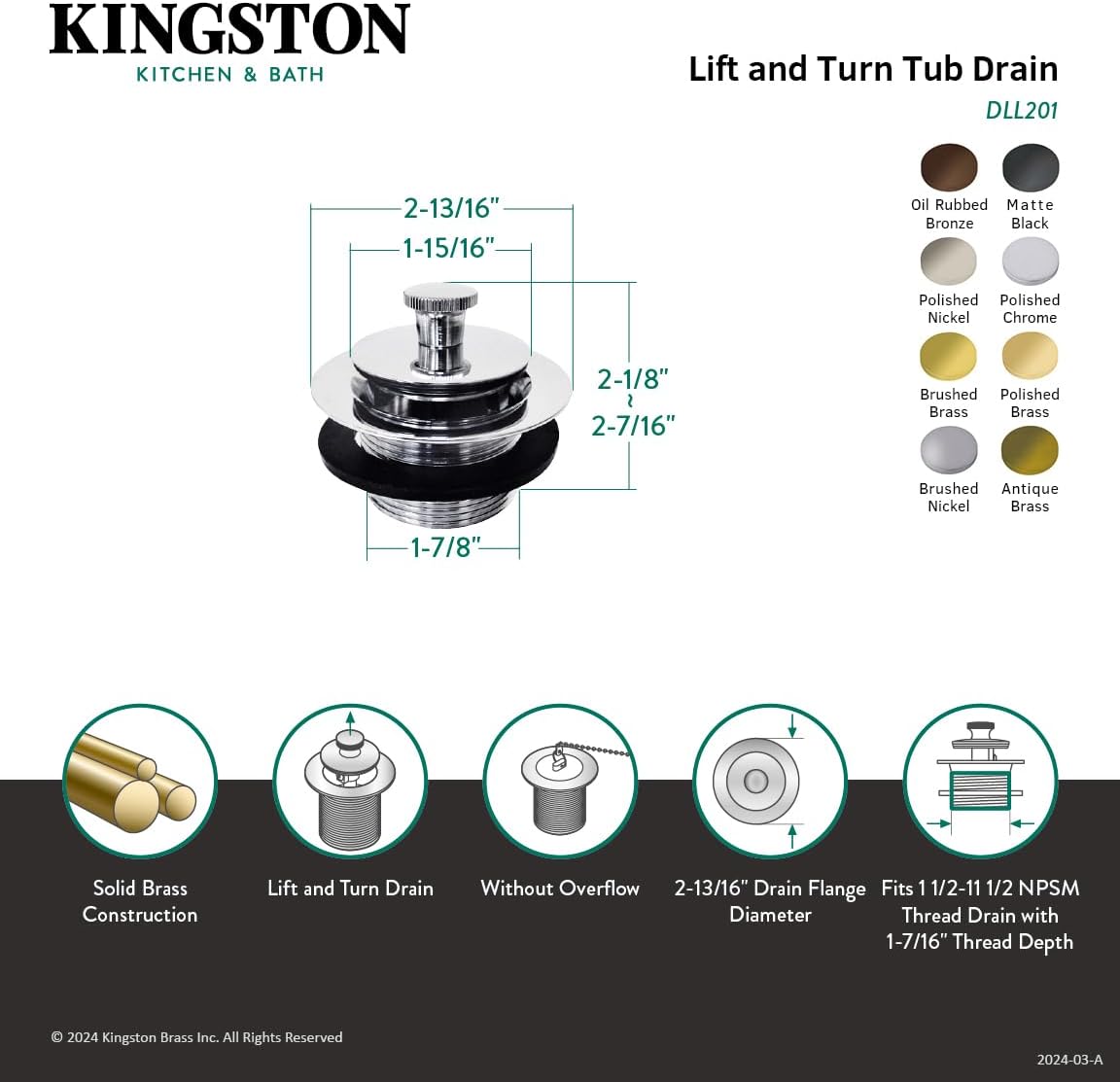 Kingston Brass DLL208 Lift and Lock Bath Tub Drain