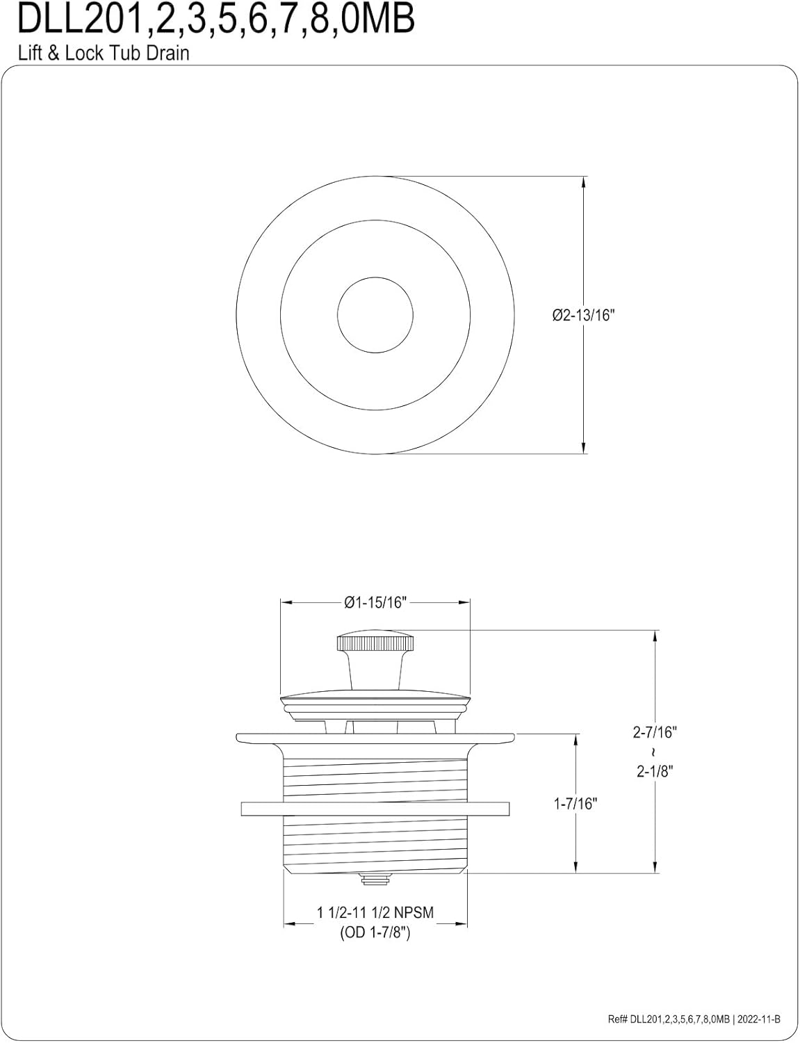 Kingston Brass DLL208 Lift and Lock Bath Tub Drain
