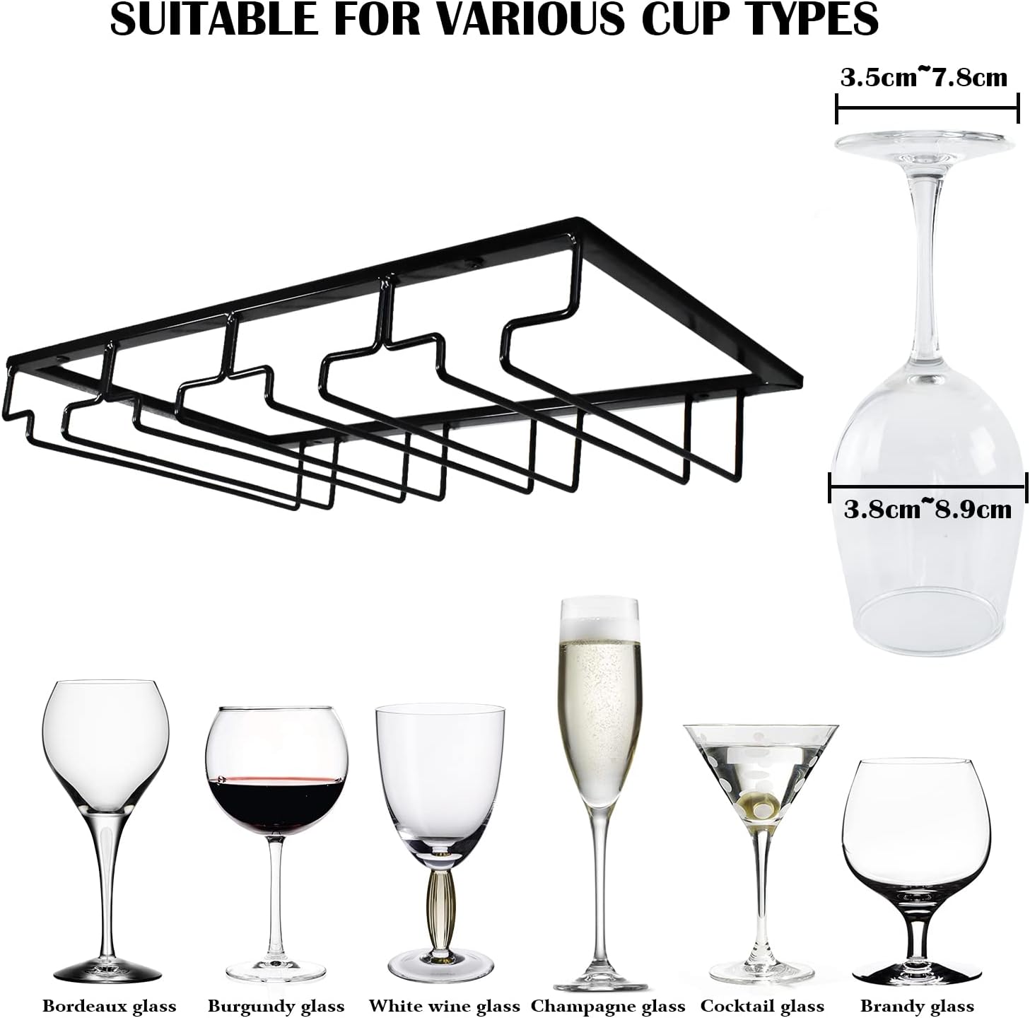 4 Rows Wine Glass Rack Under Cabinet 2 Packs Stemware Holder