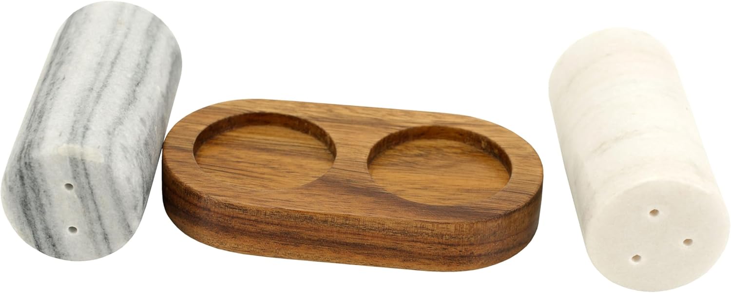 Spiretro Elegant Marble Salt and Pepper Shaker Set with Acacia Wood Holder