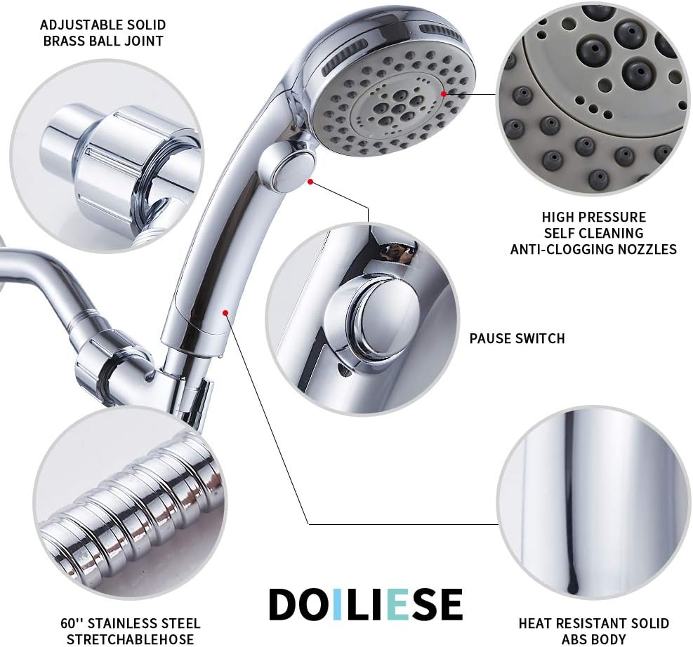 DOILIESE High Pressure 6-Setting Handheld Shower Head with Pause Spa Mode